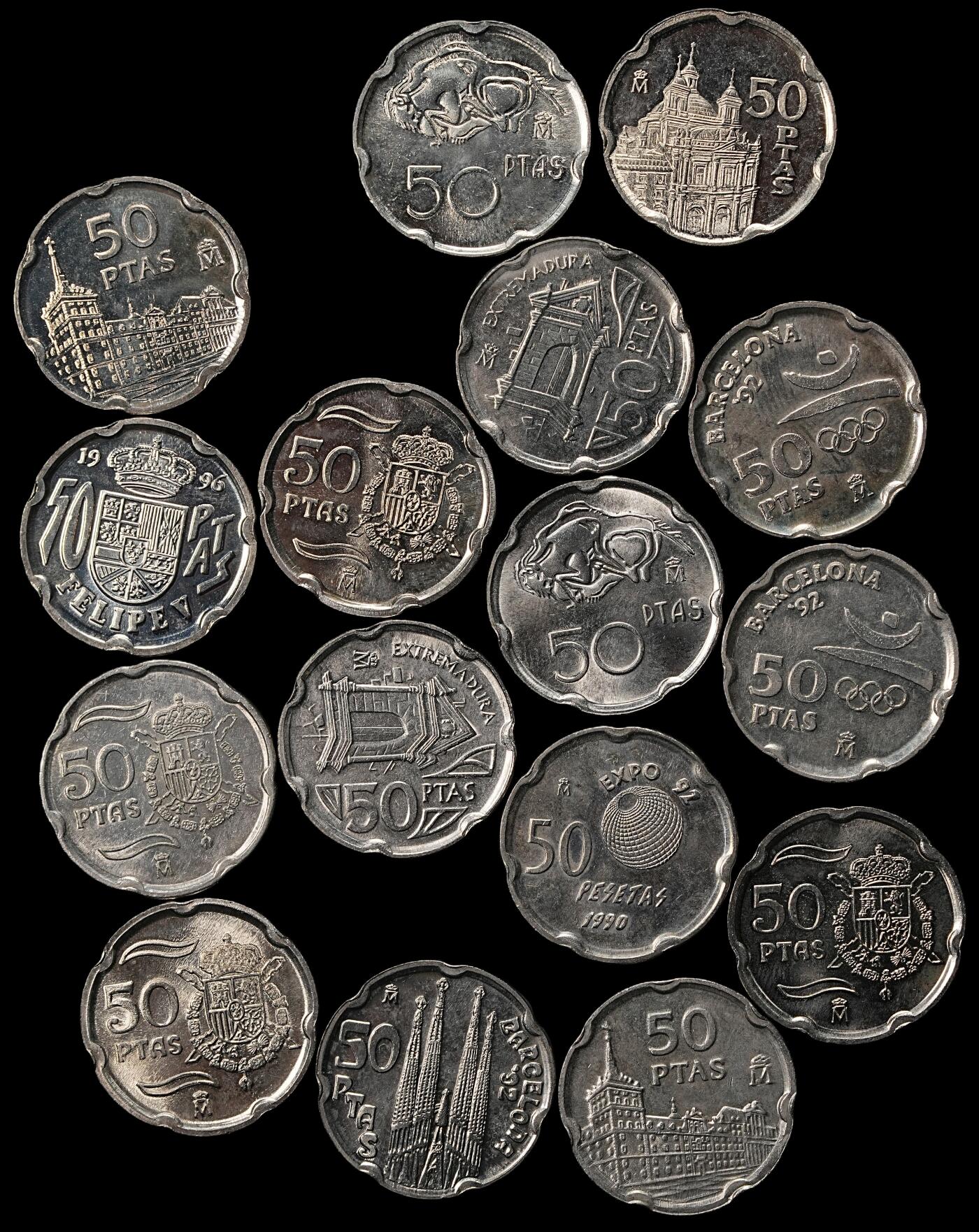 修遠堂世界钱币第九十九期 西班牙现代50比塞塔一组 大部分是纪念币，基本都未流通