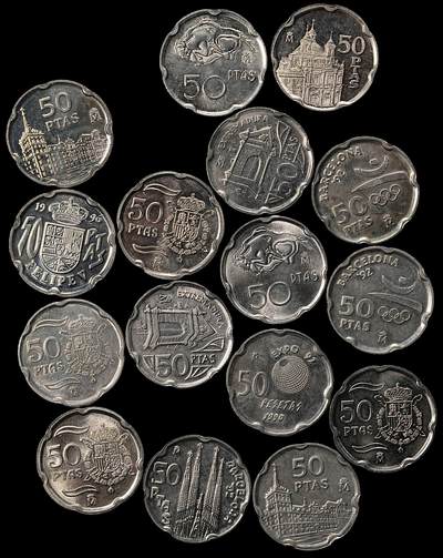 修遠堂世界钱币第九十九期 - 西班牙现代50比塞塔一组 大部分是纪念币，基本都未流通