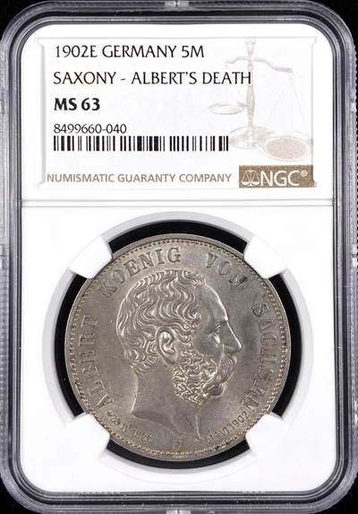 【雨安】【直播拍卖】【世界币章122期-评级币】2025-12-27 周六 19:30 保真 - [评级德国] Germany 德国 帝国 J.128 萨克森 5马克 (1902) 阿尔伯特逝世 1902年  NGC-MS63