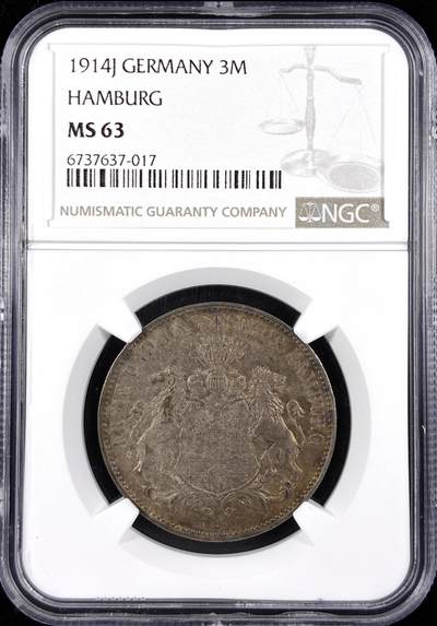【雨安】【直播拍卖】【世界币章122期-评级币】2025-12-27 周六 19:30 保真 - [评级德国] Germany 德国 帝国 J.064 汉堡 3马克 (1908-1914) 双狮 1914年  NGC-MS63