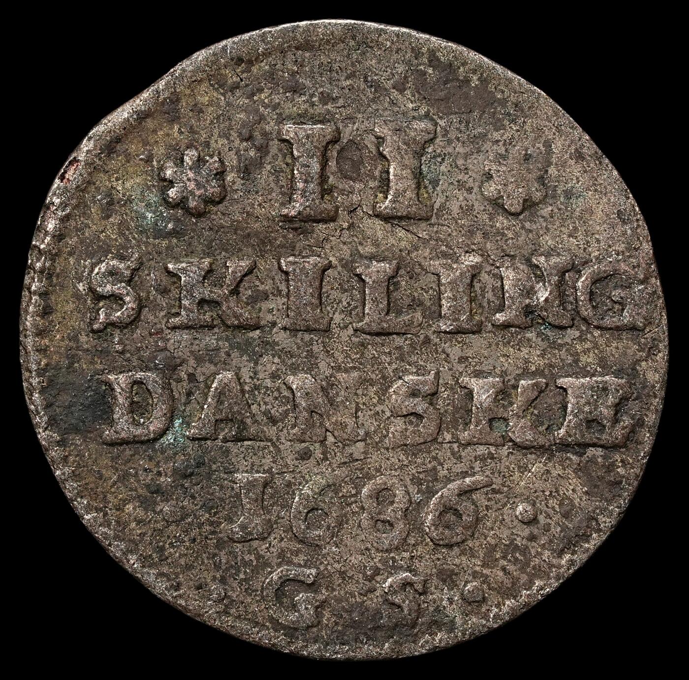 修遠堂世界钱币第九十九期 1686年丹麦2 SKILLING银币 1.07g