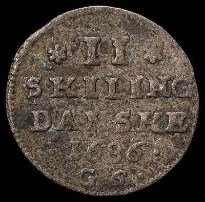 修遠堂世界钱币第九十九期 - 1686年丹麦2 SKILLING银币 1.07g