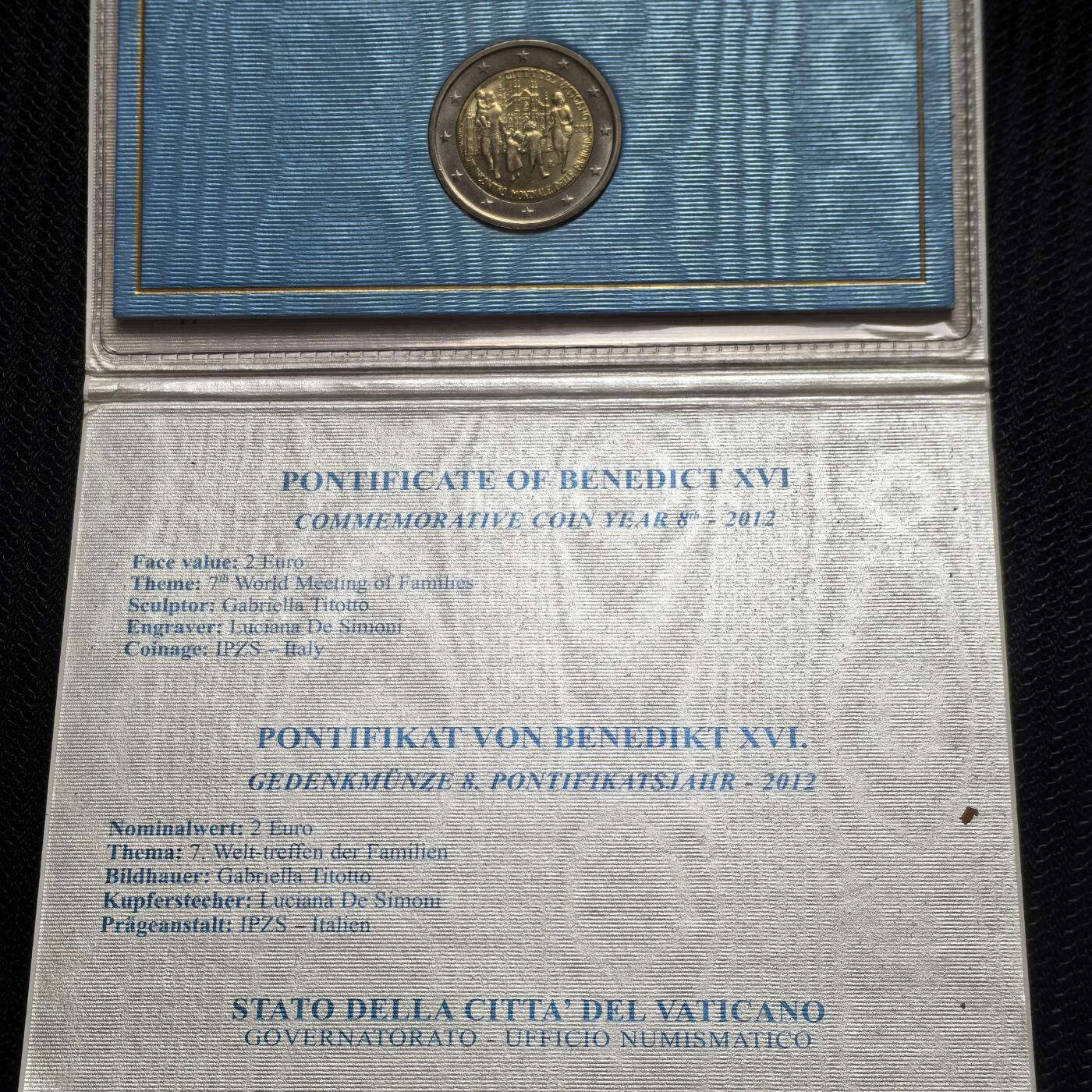 道一币馆币章第一百六十二场 原包装 梵蒂冈2012年第七次国际家庭年2欧元纪念币 89000