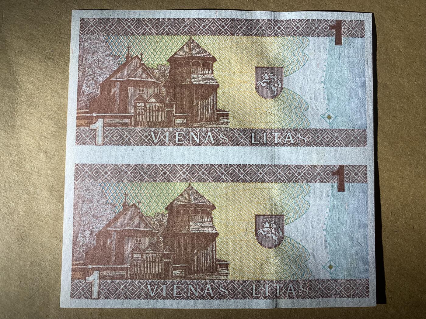 【礼羽收藏】🌏世界钱币拍卖第118期 全新UNC 1994年立陶宛1立特 双连体钞  三连号