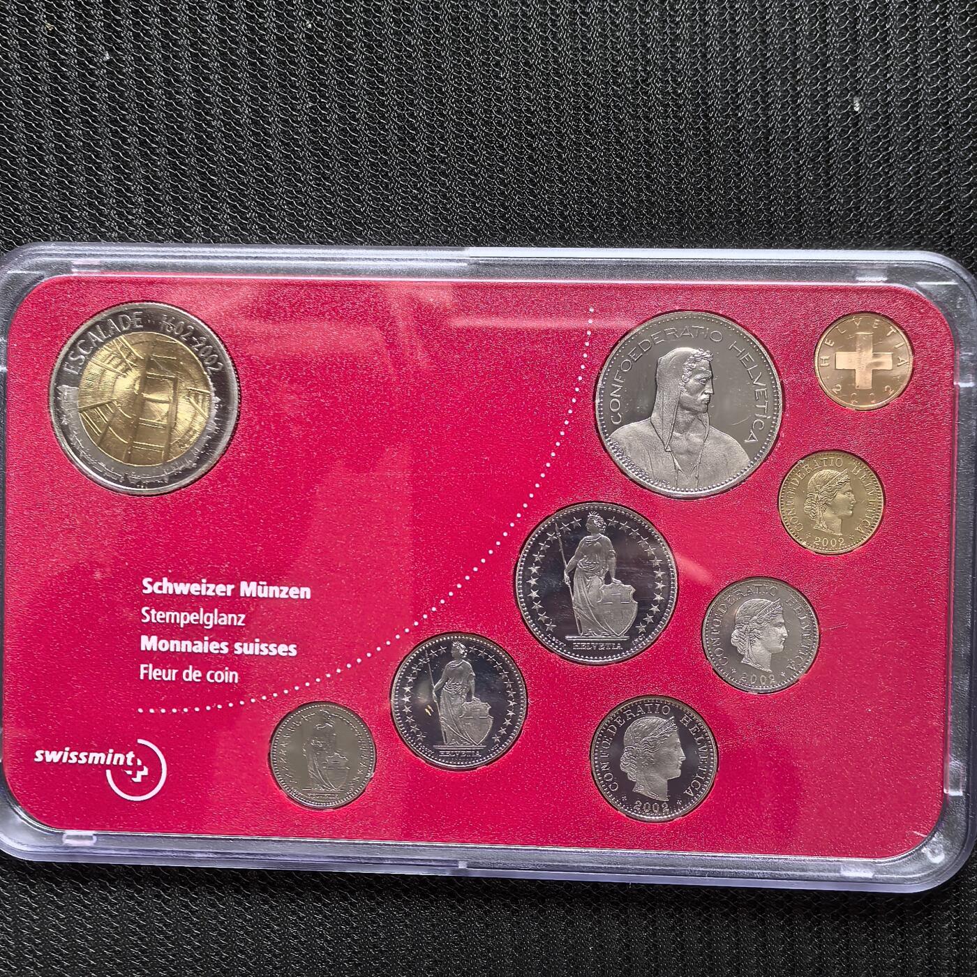 道一币馆币章第一百六十二场 原包装 瑞士2002年抵御萨伏依公爵军队入侵400周年精制纪念套币十枚  含5法郎事件纪念币