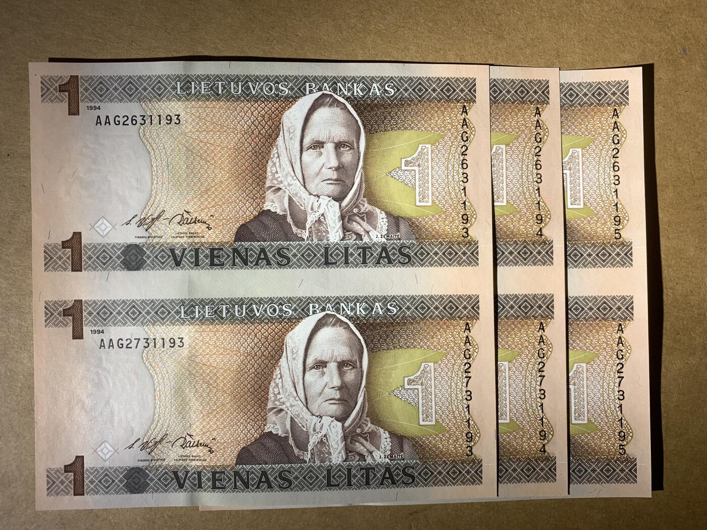 【礼羽收藏】🌏世界钱币拍卖第118期 全新UNC 1994年立陶宛1立特 双连体钞  三连号