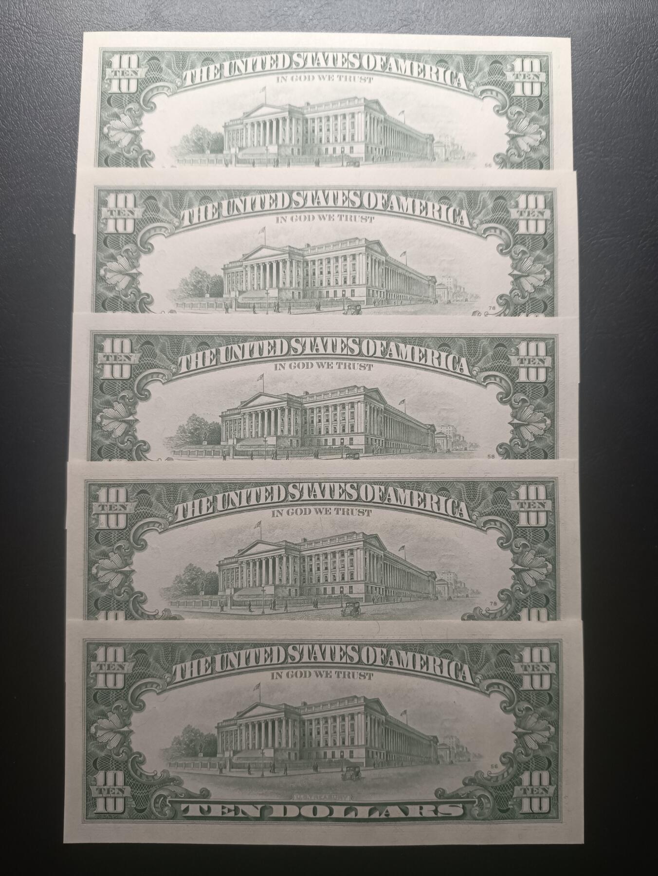 2025十二月第五期，总210期 美国1995年版10元UNC批量五张，佐治亚州亚特兰大联邦储备区印刷