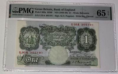 《外钞收藏家》第五百九十七期（年底收官场）（本平台长期征集拍品、欢迎藏友们联系合作） - 1948-49年英国A序列1镑 PMG65 无47靓号