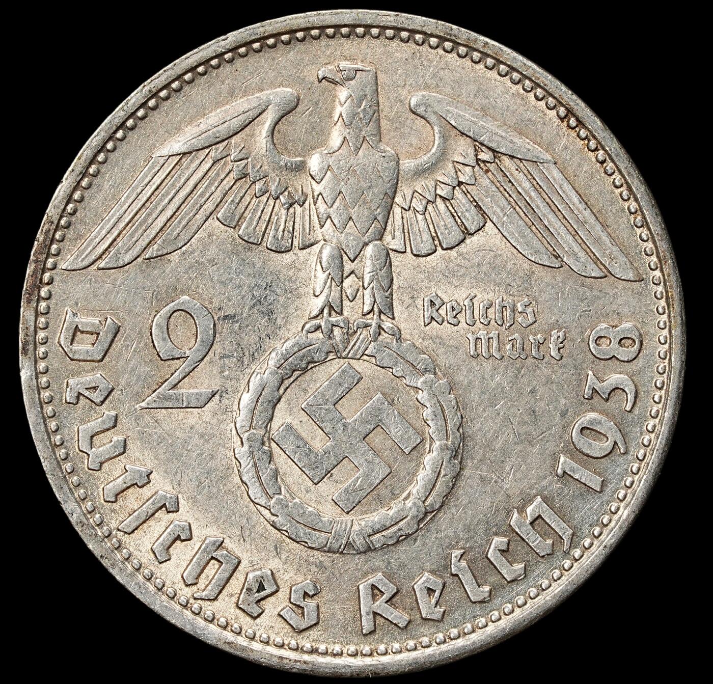 修遠堂世界钱币第九十九期 1938年德三兴登堡2马克银币 B厂铭，7.96g，含银62.5%