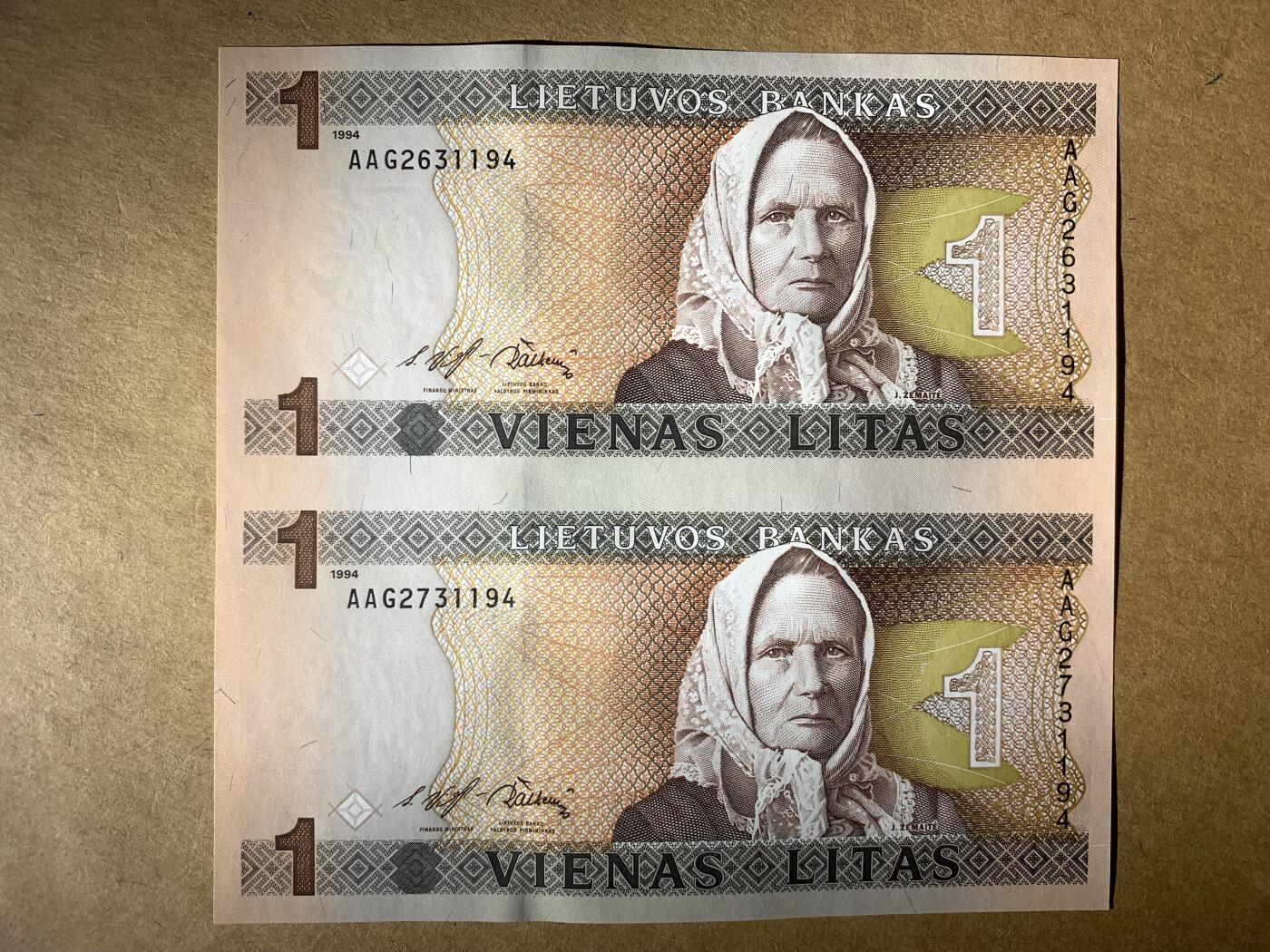 【礼羽收藏】🌏世界钱币拍卖第118期 全新UNC 1994年立陶宛1立特 双连体钞  三连号