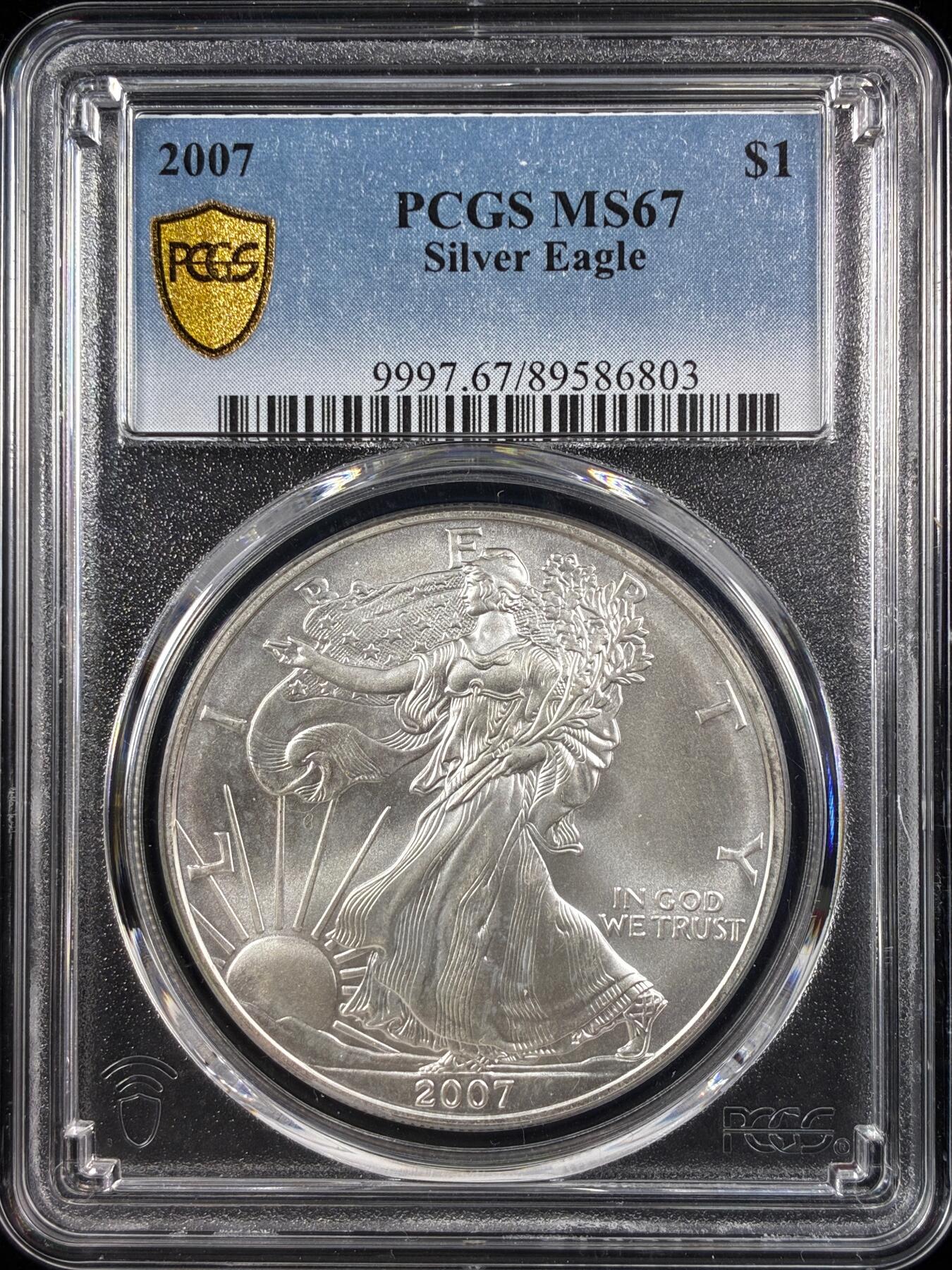 【雨安】【直播拍卖】【世界币章122期-评级币】2025-12-27 周六 19:30 保真 [评级现代] USA 美国 投资银 行走女神 1盎司 2007年  PCGS-MS67