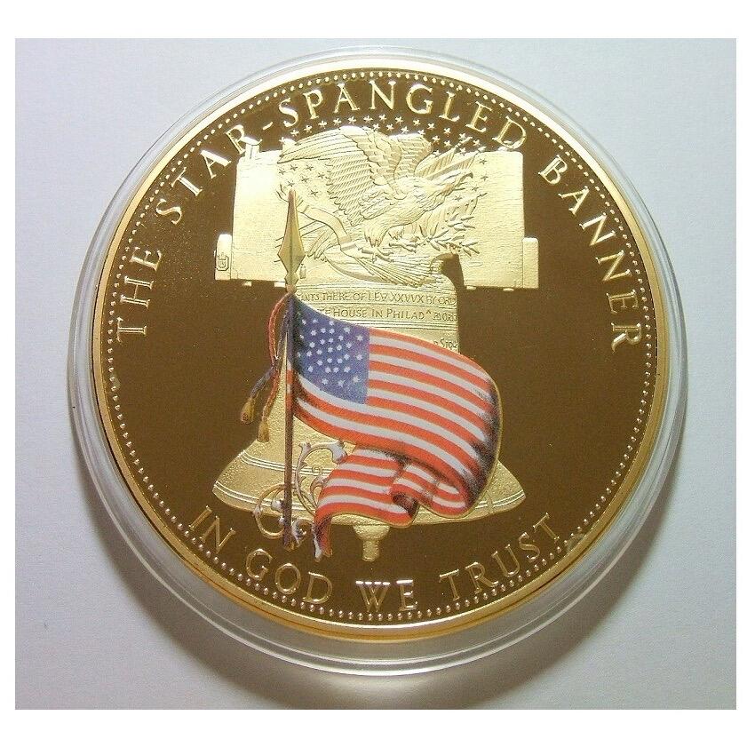 【旋风钱币】1月10日19:00准时开拍 精美欧洲币章、银币银章、第三帝国钱币等 全场包邮！ 美国自由钟+白头鹰 高浮雕精制彩色超大镀金章 70MM 115克