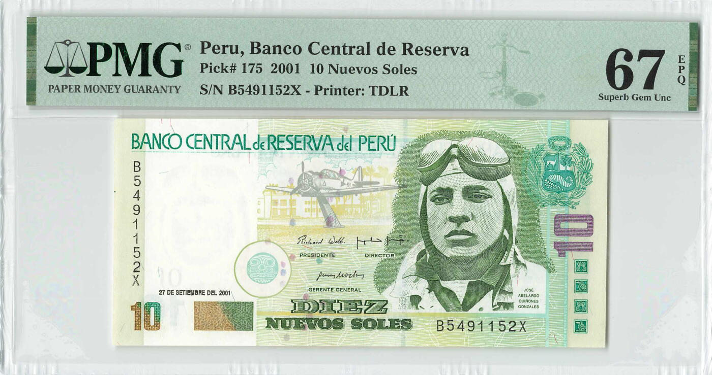 小福收藏拍卖第198期 评级币精选场  本期有菲律宾百位靓号100000比索超大纪念钞 苏里南25000盾花鸟版最高值 柬埔寨珍品56年50瑞尔 南越未发行版最高值打飞机  巴哈马彩背 老挝中国代印57年样钞 匈牙利 斯洛伐克 法罗群岛等多国精美高分珍稀老钞精品纸币 秘鲁 2001年 10索尔 PMG67 EPQ 亚军分（冠军分仅1枚）