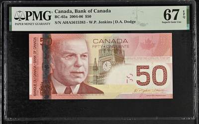 🐍甜小邱世界纸币收藏🐍第138期精品场💐 - AHA首发冠无47靓号 PMG67 加拿大 50元 经典旅行版 2004