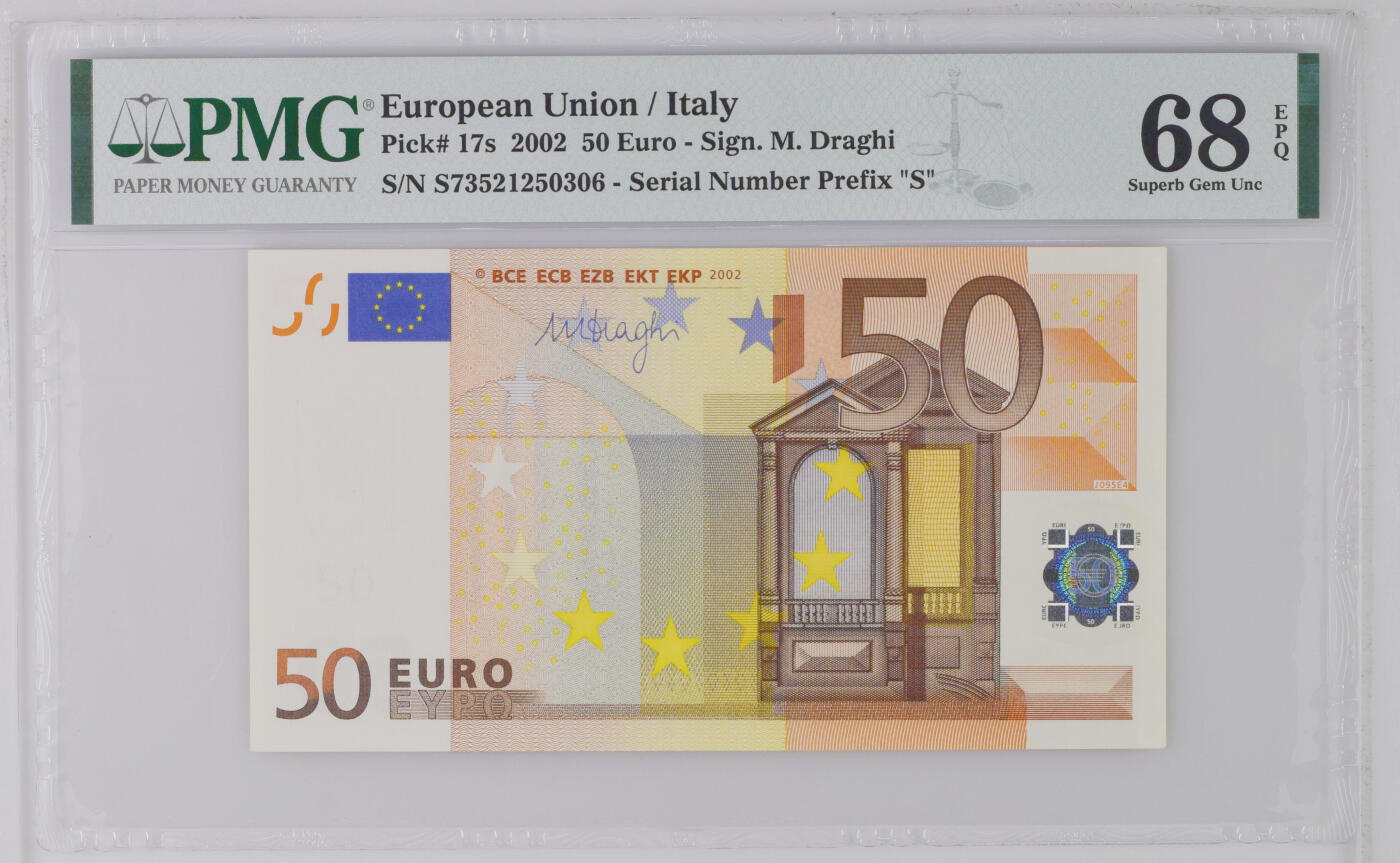 《艾美收藏》第226期-12.28周日外币精品场-蛇年收官 欧盟2002年三签意大利版50欧元PMG68E唯四冠军分 长号段无4难得