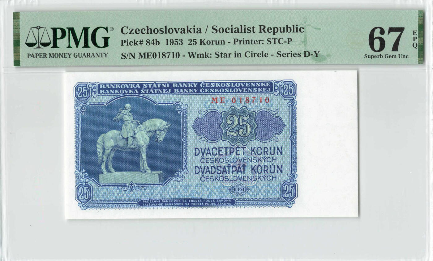 小福收藏拍卖第200期 【庆典场 中拍就有好礼相赠】评级币精选场 本期有捷克斯洛伐克20年100克朗慕夏作品大珍 69分倒置百位号布隆迪世界最大纸币  35年版加拿大经典 苏格兰格拉斯哥大学500年纪念钞倒置小号 卡塔尔80年100里亚尔冠军分 美国教育券 意大利拉斐尔 乌克兰 库克群岛 墨西哥 南斯拉夫 亚美尼亚等多国精美高分珍稀老钞精品纸币 捷克斯洛伐克 1953年 25克朗 PMG67 EPQ 季军分