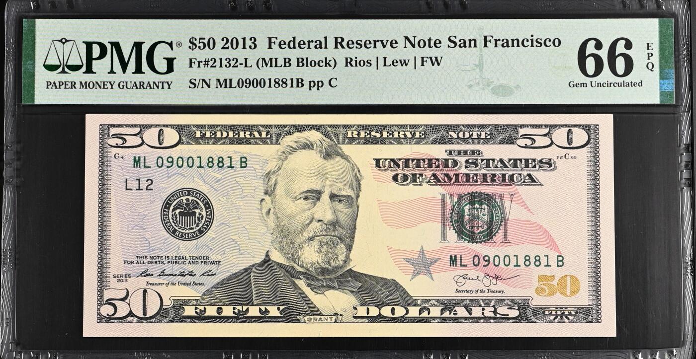 《艾美收藏》第226期-12.28周日外币精品场-蛇年收官 美国2013年彩版50美元PMG66E倒置靓号 尤利西斯·S·格兰特总统 这位联邦将军连任两届，帮助国家从内战中恢复