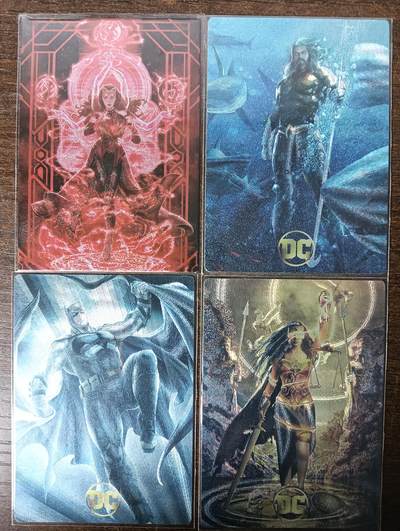 花开卡拍第53期（12月28号周日截拍，品控勿拍!!!拍品不寄存，运费5元，自制卡难免瑕疵，可能存在轻微撞角爆边等出厂瑕疵，品控介意勿拍！） - 卡将卡牌 美漫系列 DC-神奇女侠+蝙蝠侠+海王 漫威-猩红女巫 粗闪
