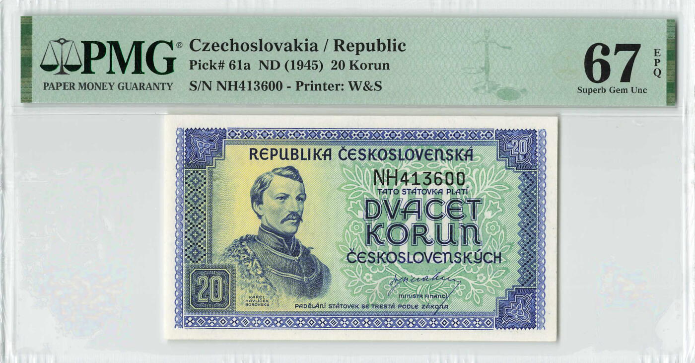 小福收藏拍卖第200期 【庆典场 中拍就有好礼相赠】评级币精选场 本期有捷克斯洛伐克20年100克朗慕夏作品大珍 69分倒置百位号布隆迪世界最大纸币  35年版加拿大经典 苏格兰格拉斯哥大学500年纪念钞倒置小号 卡塔尔80年100里亚尔冠军分 美国教育券 意大利拉斐尔 乌克兰 库克群岛 墨西哥 南斯拉夫 亚美尼亚等多国精美高分珍稀老钞精品纸币 捷克斯洛伐克 1945年 20克朗 少见 实票 双尾 PMG67 EPQ 唯2冠军分！！！