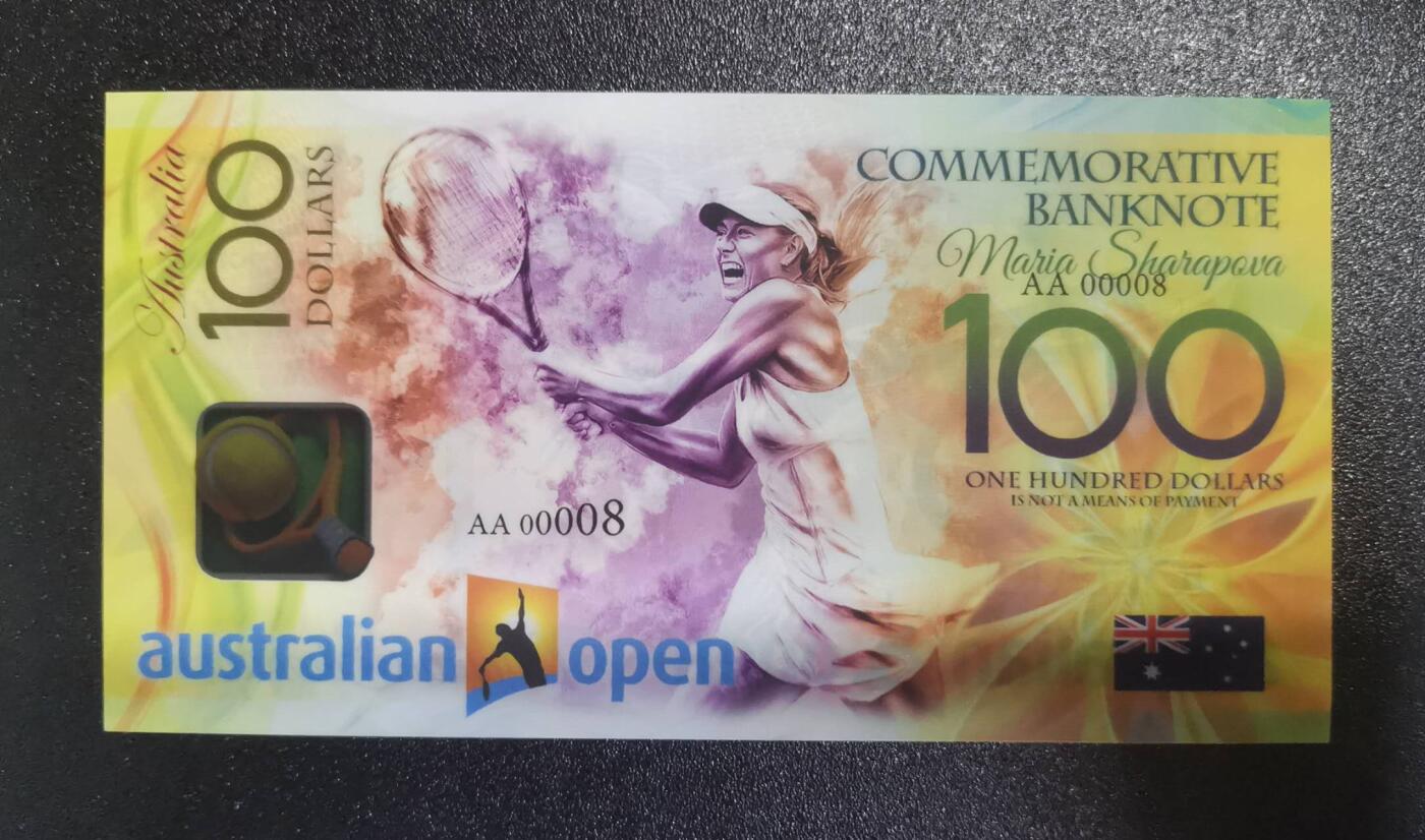 《艾美收藏》第226期-12.28周日外币精品场-蛇年收官 莎拉波娃2023年澳网纪念钞AA冠100元UNC超靓00008号 左下角极轻微压痕