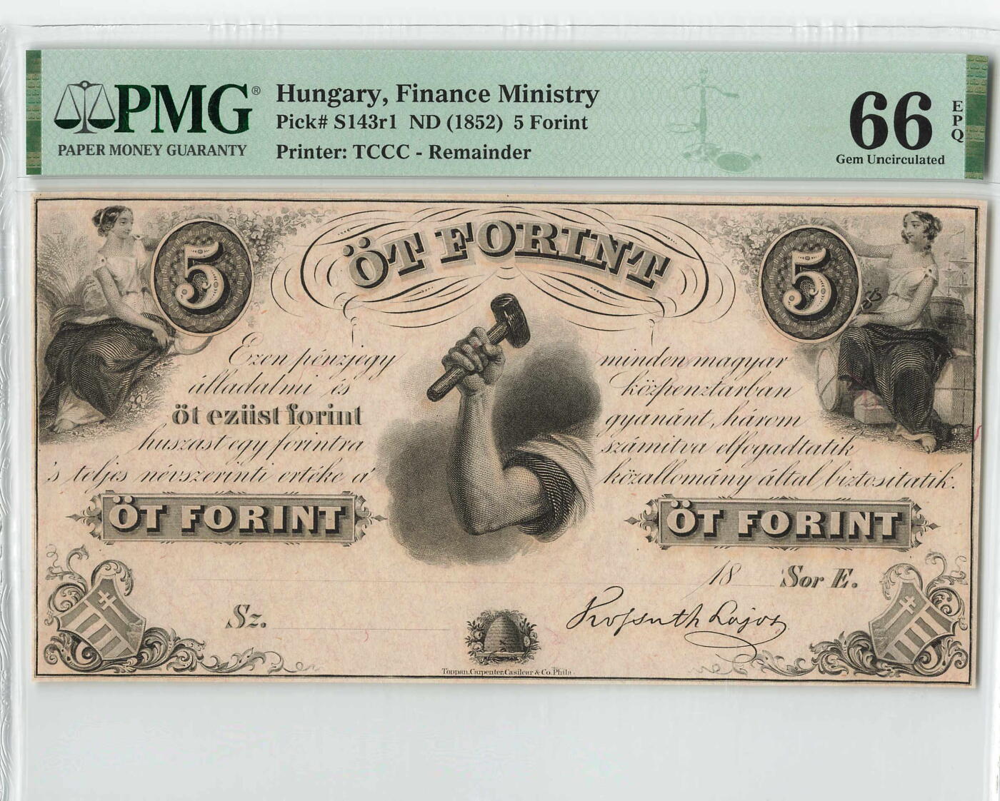 小福收藏拍卖第198期 评级币精选场  本期有菲律宾百位靓号100000比索超大纪念钞 苏里南25000盾花鸟版最高值 柬埔寨珍品56年50瑞尔 南越未发行版最高值打飞机  巴哈马彩背 老挝中国代印57年样钞 匈牙利 斯洛伐克 法罗群岛等多国精美高分珍稀老钞精品纸币 匈牙利 1852年 5福林 173年老钞 精美 PMG66 EPQ 亚军分