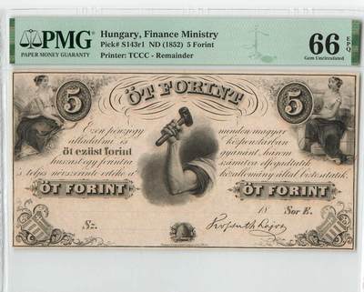 小福收藏拍卖第198期 评级币精选场  本期有菲律宾百位靓号100000比索超大纪念钞 苏里南25000盾花鸟版最高值 柬埔寨珍品56年50瑞尔 南越未发行版最高值打飞机  巴哈马彩背 老挝中国代印57年样钞 匈牙利 斯洛伐克 法罗群岛等多国精美高分珍稀老钞精品纸币 - 匈牙利 1852年 5福林 173年老钞 精美 PMG66 EPQ 亚军分