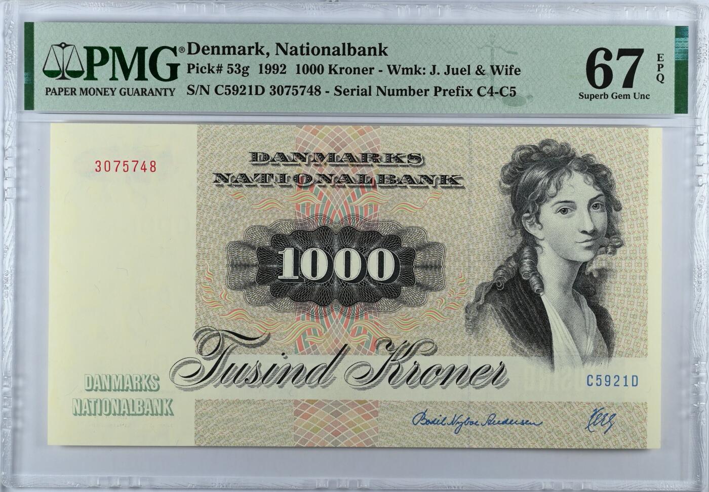 《艾美收藏》第226期-12.28周日外币精品场-蛇年收官 丹麦1992年1000克朗最高值PMG67E高分尾8 名誉品大松鼠 顶级雕刻 栩栩如生 Pick#53g