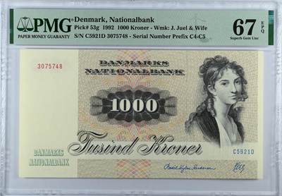 《艾美收藏》第226期-12.28周日外币精品场-蛇年收官 - 丹麦1992年1000克朗最高值PMG67E高分尾8 名誉品大松鼠 顶级雕刻 栩栩如生 Pick#53g
