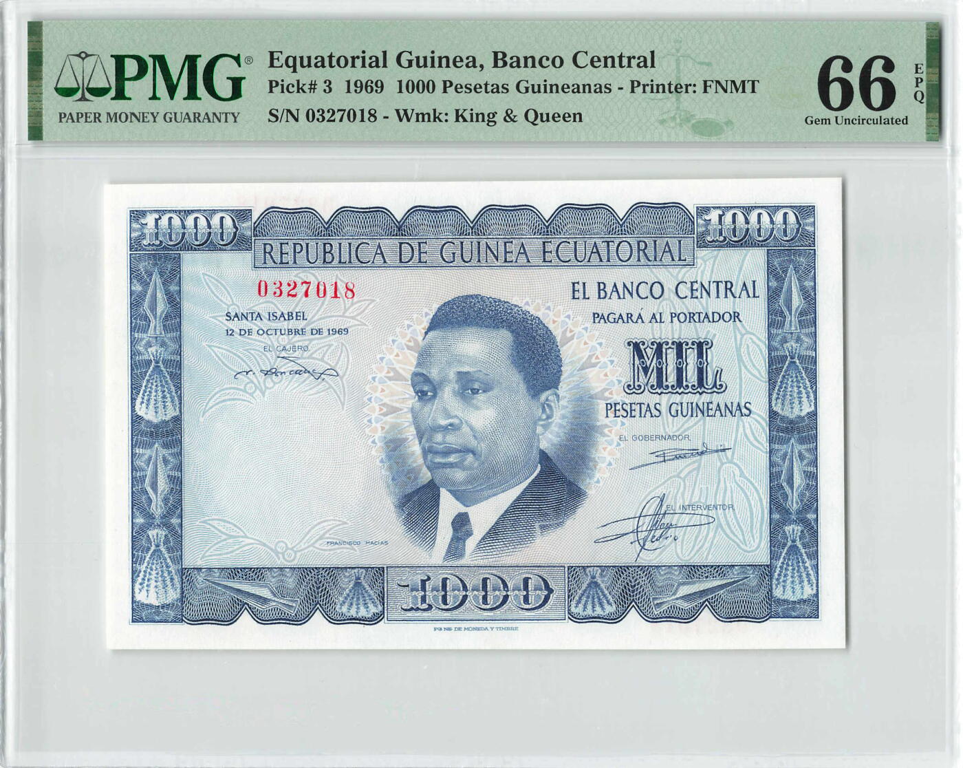 小福收藏拍卖第198期 评级币精选场  本期有菲律宾百位靓号100000比索超大纪念钞 苏里南25000盾花鸟版最高值 柬埔寨珍品56年50瑞尔 南越未发行版最高值打飞机  巴哈马彩背 老挝中国代印57年样钞 匈牙利 斯洛伐克 法罗群岛等多国精美高分珍稀老钞精品纸币 赤道几内亚 1969年 1000比塞塔 该国首套纸币 四大暴君之一马西埃 最高值 尾8 PMG66 EPQ 季军分