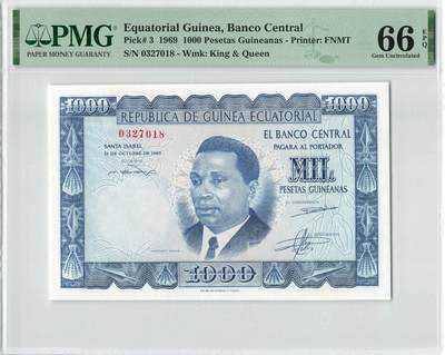 小福收藏拍卖第198期 评级币精选场  本期有菲律宾百位靓号100000比索超大纪念钞 苏里南25000盾花鸟版最高值 柬埔寨珍品56年50瑞尔 南越未发行版最高值打飞机  巴哈马彩背 老挝中国代印57年样钞 匈牙利 斯洛伐克 法罗群岛等多国精美高分珍稀老钞精品纸币 - 赤道几内亚 1969年 1000比塞塔 该国首套纸币 四大暴君之一马西埃 最高值 尾8 PMG66 EPQ 季军分