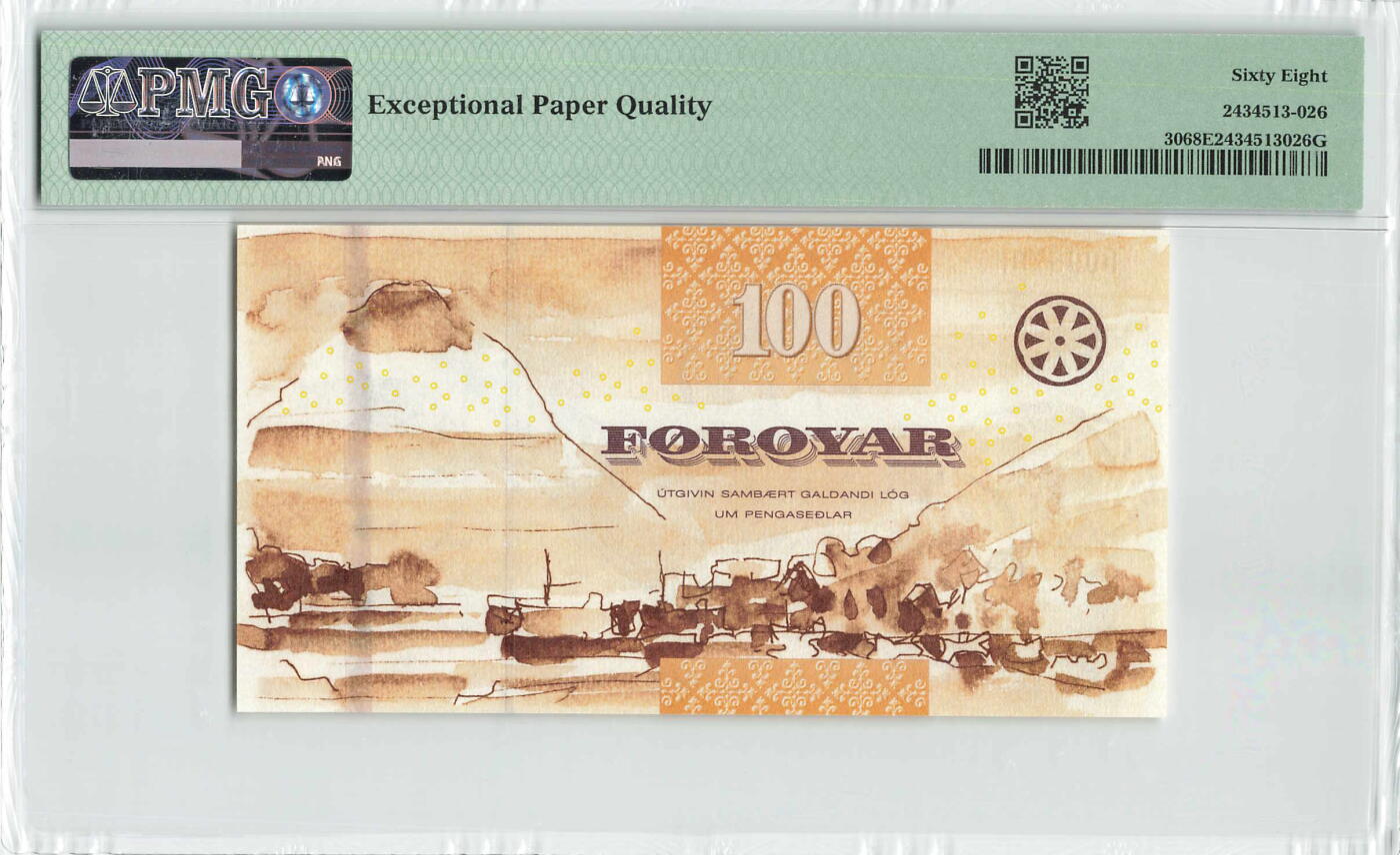 小福收藏拍卖第198期 评级币精选场  本期有菲律宾百位靓号100000比索超大纪念钞 苏里南25000盾花鸟版最高值 柬埔寨珍品56年50瑞尔 南越未发行版最高值打飞机  巴哈马彩背 老挝中国代印57年样钞 匈牙利 斯洛伐克 法罗群岛等多国精美高分珍稀老钞精品纸币 法罗群岛 2011年 100克朗 PMG68 EPQ 季军分