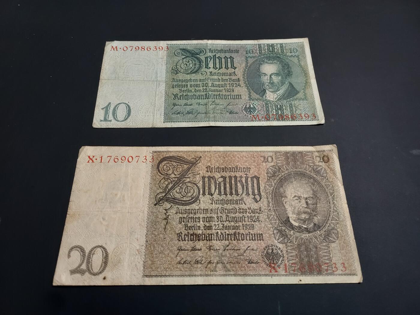 博彦收藏   1月3日 8点钱币专场 全场包邮 1929 德国旧版  10/20 马克 2张 流通品