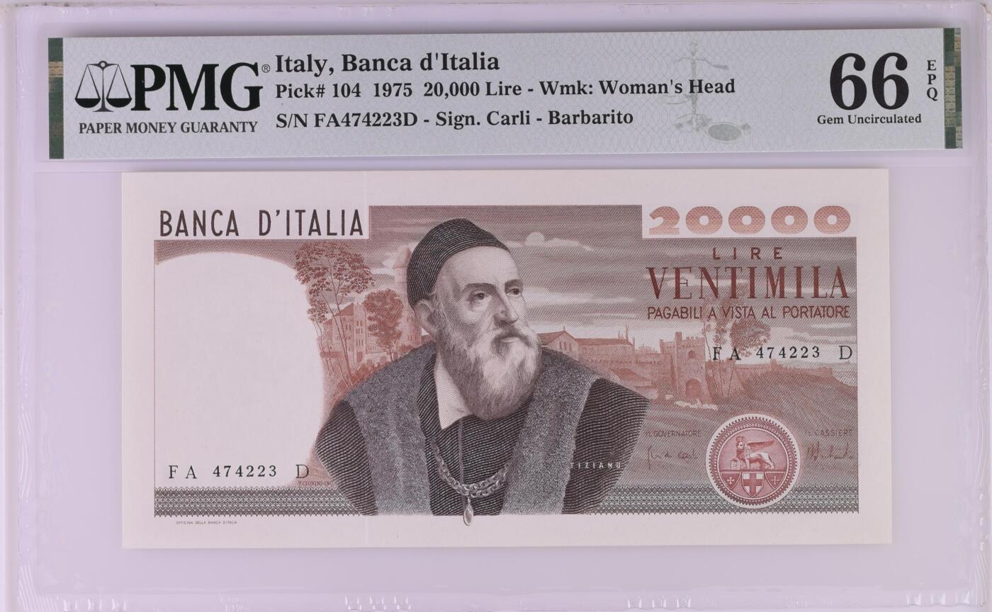 《艾美收藏》第226期-12.28周日外币精品场-蛇年收官 意大利1975年20000里拉PMG66E 名誉品提香 经典名画《神圣的爱与世俗的爱》 Pick#104