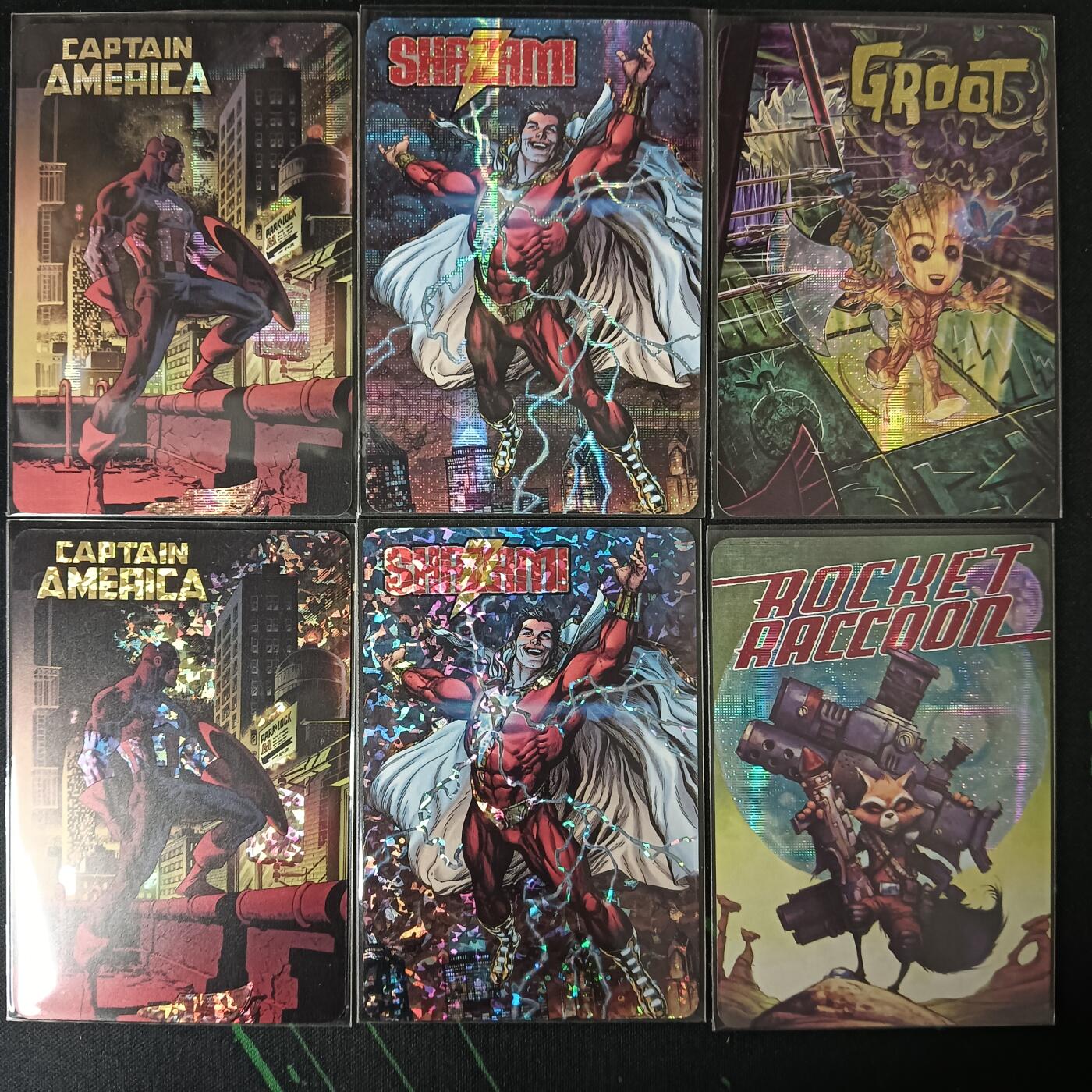 花开卡拍第53期（12月28号周日截拍，品控勿拍!!!拍品不寄存，运费5元，自制卡难免瑕疵，可能存在轻微撞角爆边等出厂瑕疵，品控介意勿拍！） 江东 美国队长双闪纹+雷霆沙赞双闪纹+银河护卫队-浣熊、格鲁特