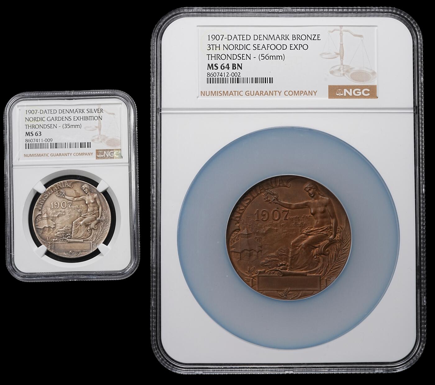 修遠堂世界钱币第九十九期 NGC评级 1907年第三届北欧园艺博览会纪念章一套，银，铜各一枚  其中银章35.00mm，重19.47g，铜章56.00mm，重66.30g