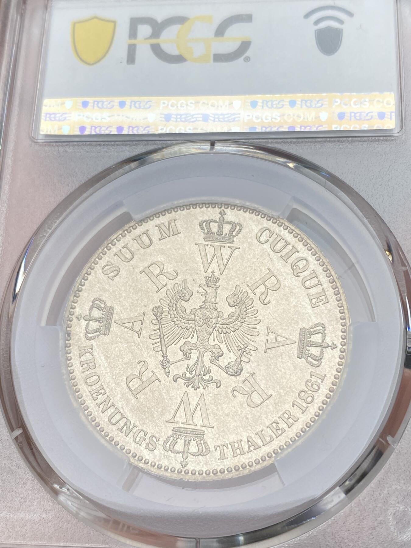 万国钱币拍卖第058期（万国新年大拍） PCGS MS65 1861年德国普鲁士威廉国王加冕纪念泰勒 著名的毛衣泰勒 原味淡彩丝绸光泽 达到BU级别已非常不易