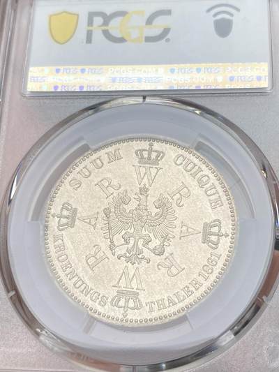 万国钱币拍卖第058期（万国新年大拍） PCGS MS65 1861年德国普鲁士威廉国王加冕纪念泰勒 著名的毛衣泰勒 原味淡彩丝绸光泽 达到BU级别已非常不易