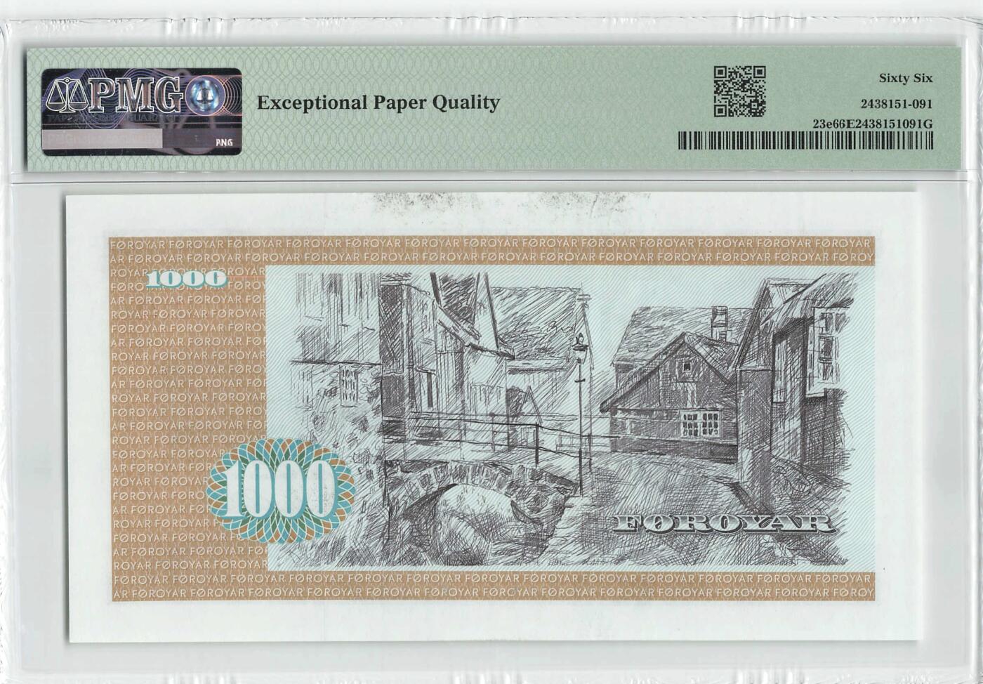 小福收藏拍卖第198期 评级币精选场  本期有菲律宾百位靓号100000比索超大纪念钞 苏里南25000盾花鸟版最高值 柬埔寨珍品56年50瑞尔 南越未发行版最高值打飞机  巴哈马彩背 老挝中国代印57年样钞 匈牙利 斯洛伐克 法罗群岛等多国精美高分珍稀老钞精品纸币 法罗群岛 1994年 1000克朗 最高值 A0冠 PMG66 EPQ