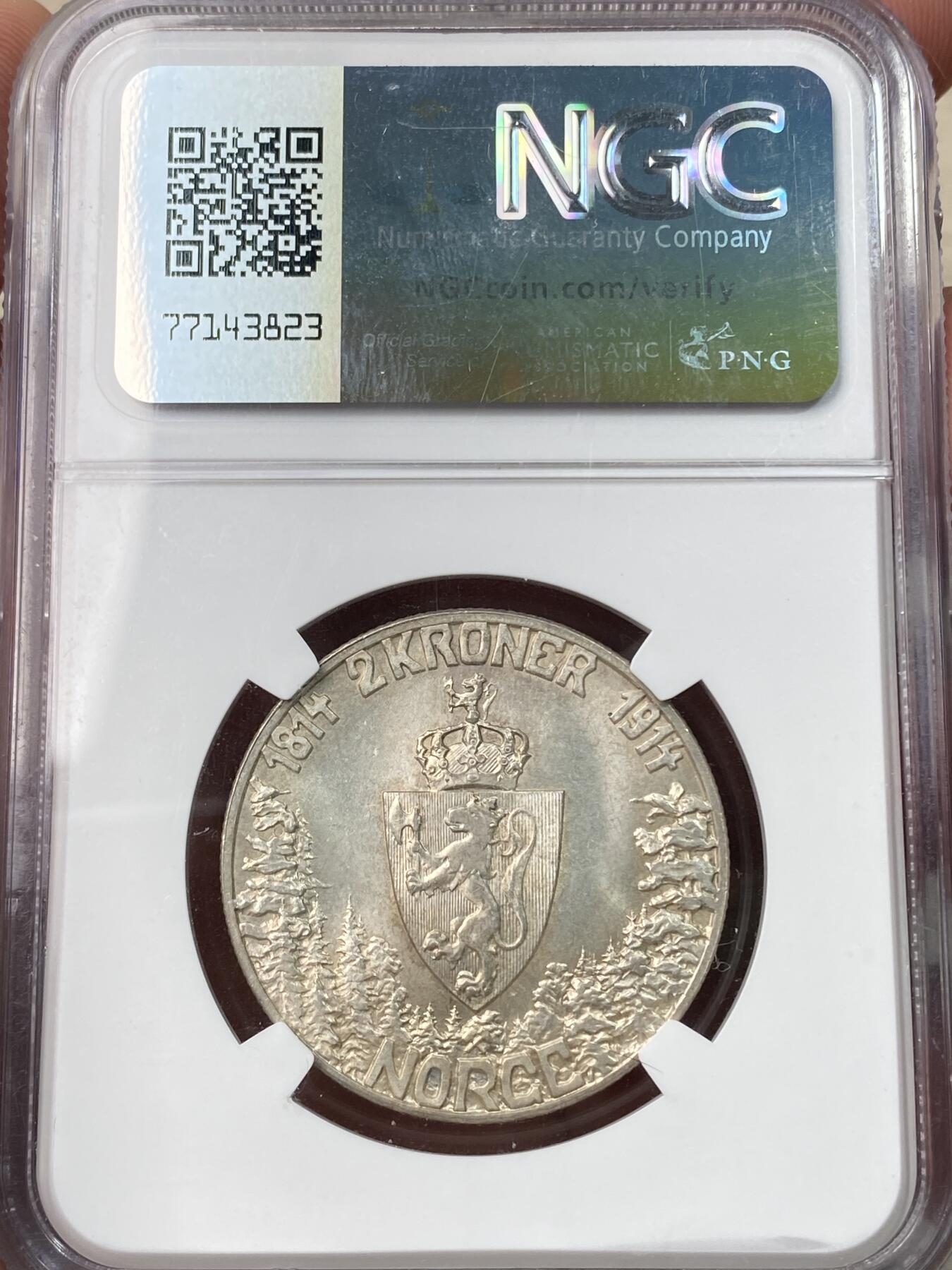 万国钱币拍卖第058期（万国新年大拍） NGC MS64 1914年挪威哈康七世纪念宪法百年2克朗流通纪念银币 挪威皇家造币厂铸 挪威的森林和祖国母亲临海眺望意境空灵