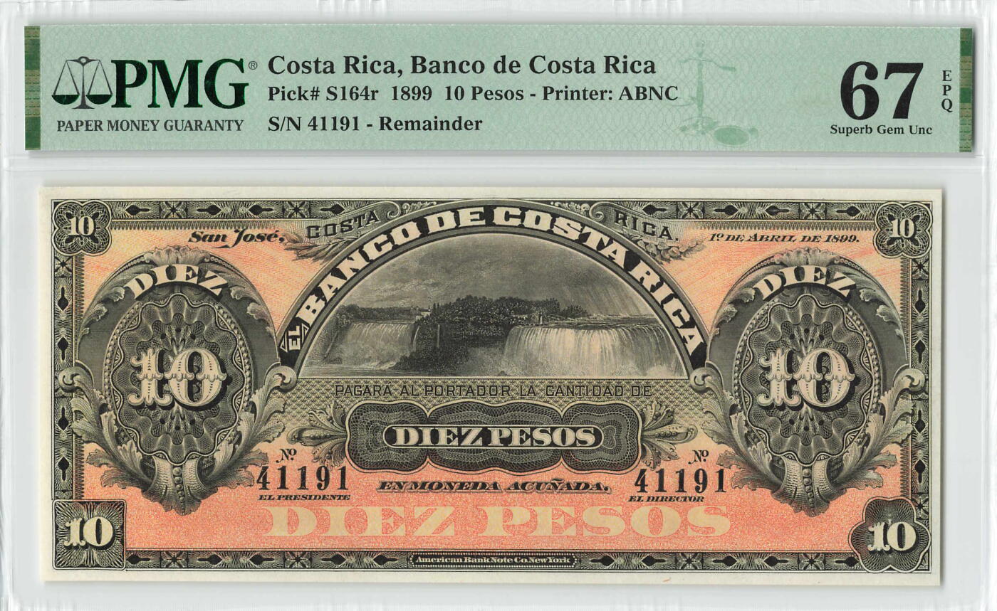 小福收藏拍卖第198期 评级币精选场  本期有菲律宾百位靓号100000比索超大纪念钞 苏里南25000盾花鸟版最高值 柬埔寨珍品56年50瑞尔 南越未发行版最高值打飞机  巴哈马彩背 老挝中国代印57年样钞 匈牙利 斯洛伐克 法罗群岛等多国精美高分珍稀老钞精品纸币 哥斯达黎加 1899年 10比索 库存票 尼亚加拉大瀑布 精美 数3 PMG67 EPQ 冠军分！！！