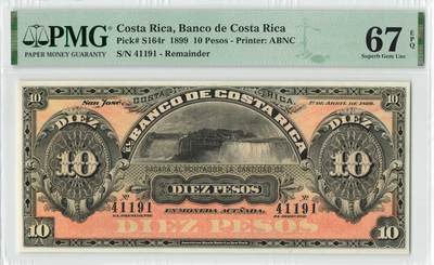 小福收藏拍卖第198期 评级币精选场  本期有菲律宾百位靓号100000比索超大纪念钞 苏里南25000盾花鸟版最高值 柬埔寨珍品56年50瑞尔 南越未发行版最高值打飞机  巴哈马彩背 老挝中国代印57年样钞 匈牙利 斯洛伐克 法罗群岛等多国精美高分珍稀老钞精品纸币 - 哥斯达黎加 1899年 10比索 库存票 尼亚加拉大瀑布 精美 数3 PMG67 EPQ 冠军分！！！