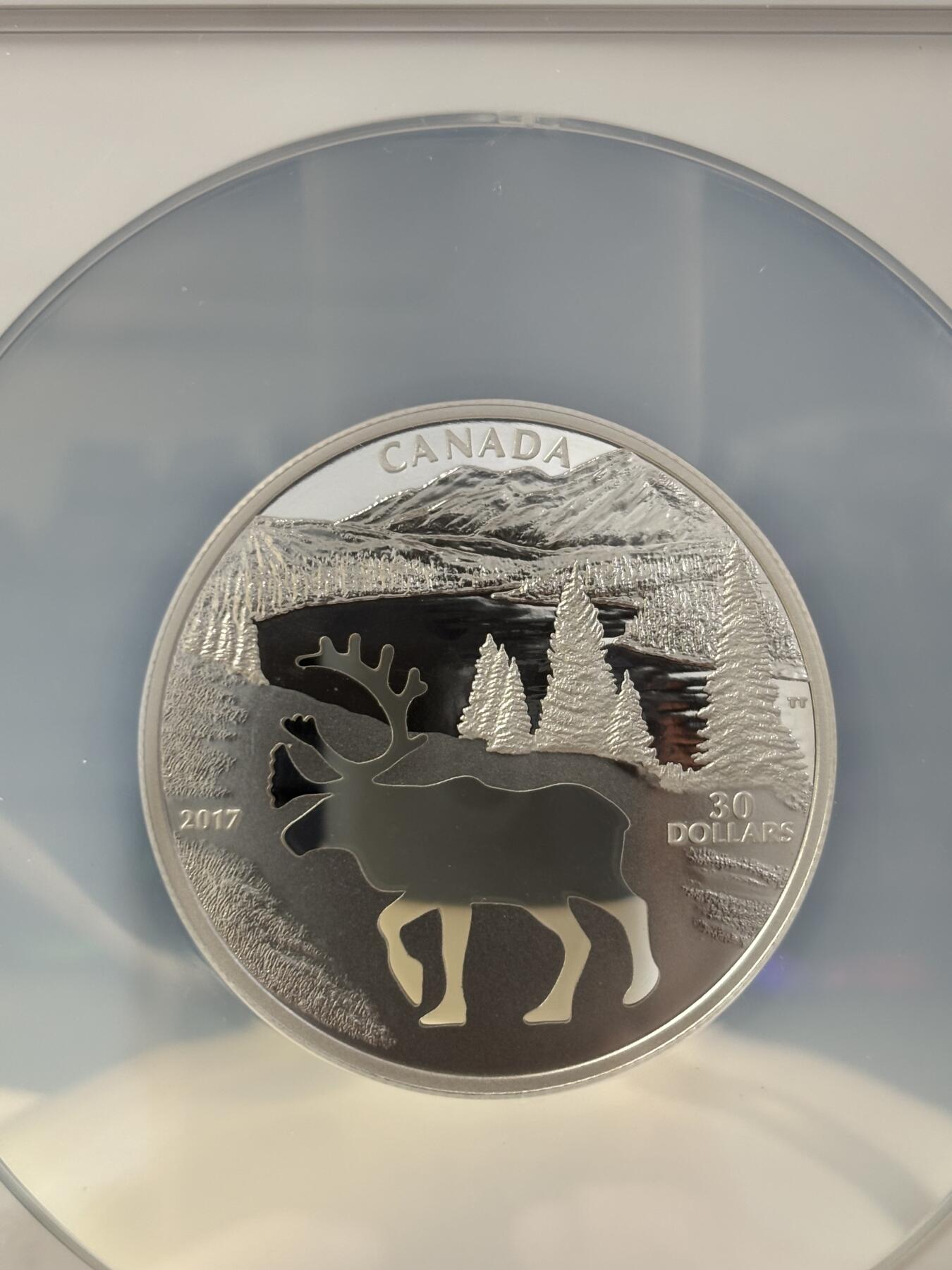 第186期拍卖 少见品种重量近2盎司加拿大2017年镂空剪影北美驯鹿NGC评级彩色早期标签69分精制银币9999银重52.88克直径54毫米