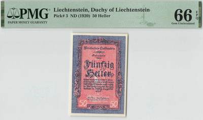 小福收藏拍卖第198期 评级币精选场  本期有菲律宾百位靓号100000比索超大纪念钞 苏里南25000盾花鸟版最高值 柬埔寨珍品56年50瑞尔 南越未发行版最高值打飞机  巴哈马彩背 老挝中国代印57年样钞 匈牙利 斯洛伐克 法罗群岛等多国精美高分珍稀老钞精品纸币 - 列支敦士登 1920年 50赫勒 百年老钞 PMG66 EPQ 亚军分
