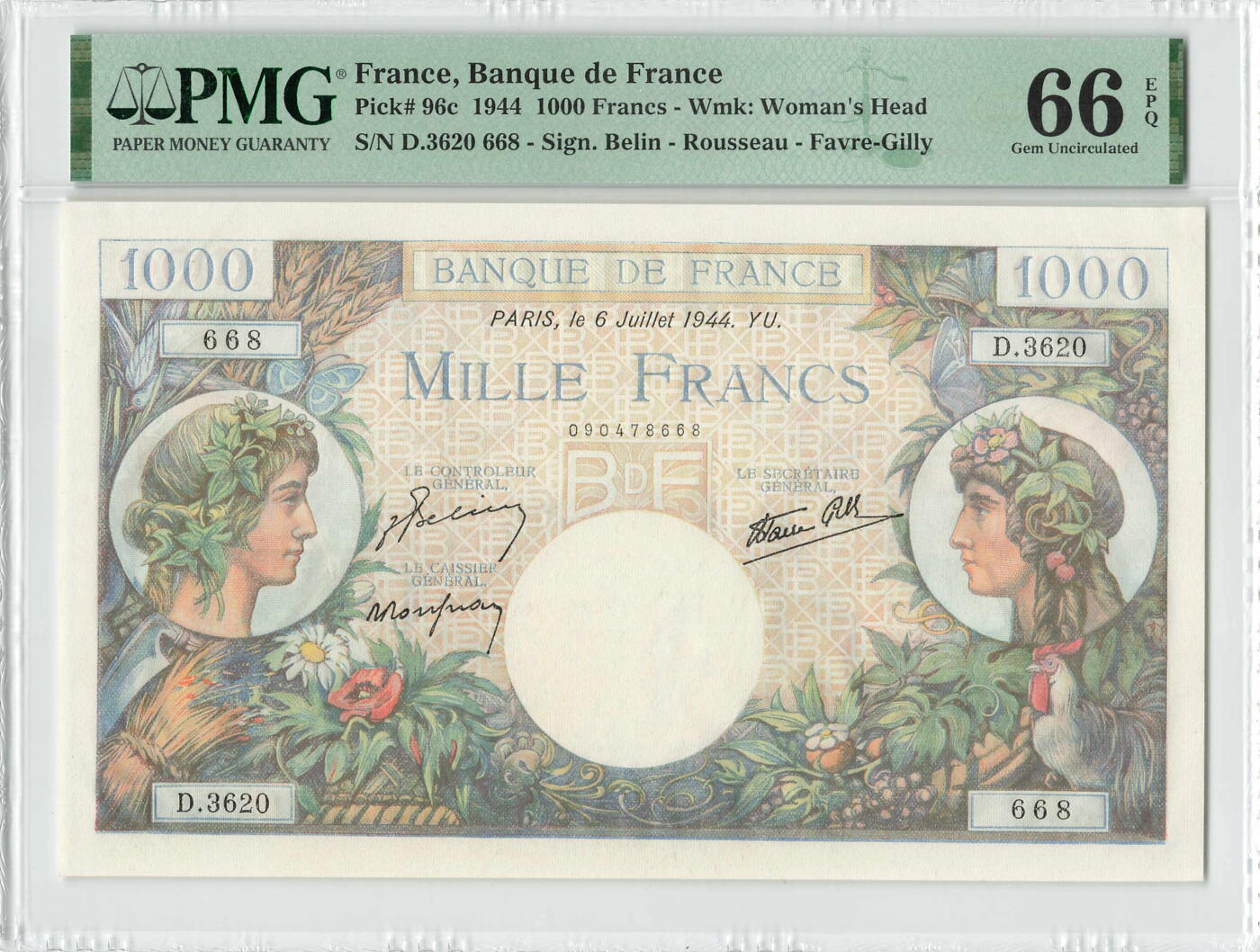 小福收藏拍卖第198期 评级币精选场  本期有菲律宾百位靓号100000比索超大纪念钞 苏里南25000盾花鸟版最高值 柬埔寨珍品56年50瑞尔 南越未发行版最高值打飞机  巴哈马彩背 老挝中国代印57年样钞 匈牙利 斯洛伐克 法罗群岛等多国精美高分珍稀老钞精品纸币 法国 1944年 1000法郎 精美大票 无47 尾8 PMG66 EPQ 亚军分