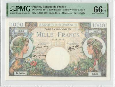 小福收藏拍卖第198期 评级币精选场  本期有菲律宾百位靓号100000比索超大纪念钞 苏里南25000盾花鸟版最高值 柬埔寨珍品56年50瑞尔 南越未发行版最高值打飞机  巴哈马彩背 老挝中国代印57年样钞 匈牙利 斯洛伐克 法罗群岛等多国精美高分珍稀老钞精品纸币 - 法国 1944年 1000法郎 精美大票 无47 尾8 PMG66 EPQ 亚军分