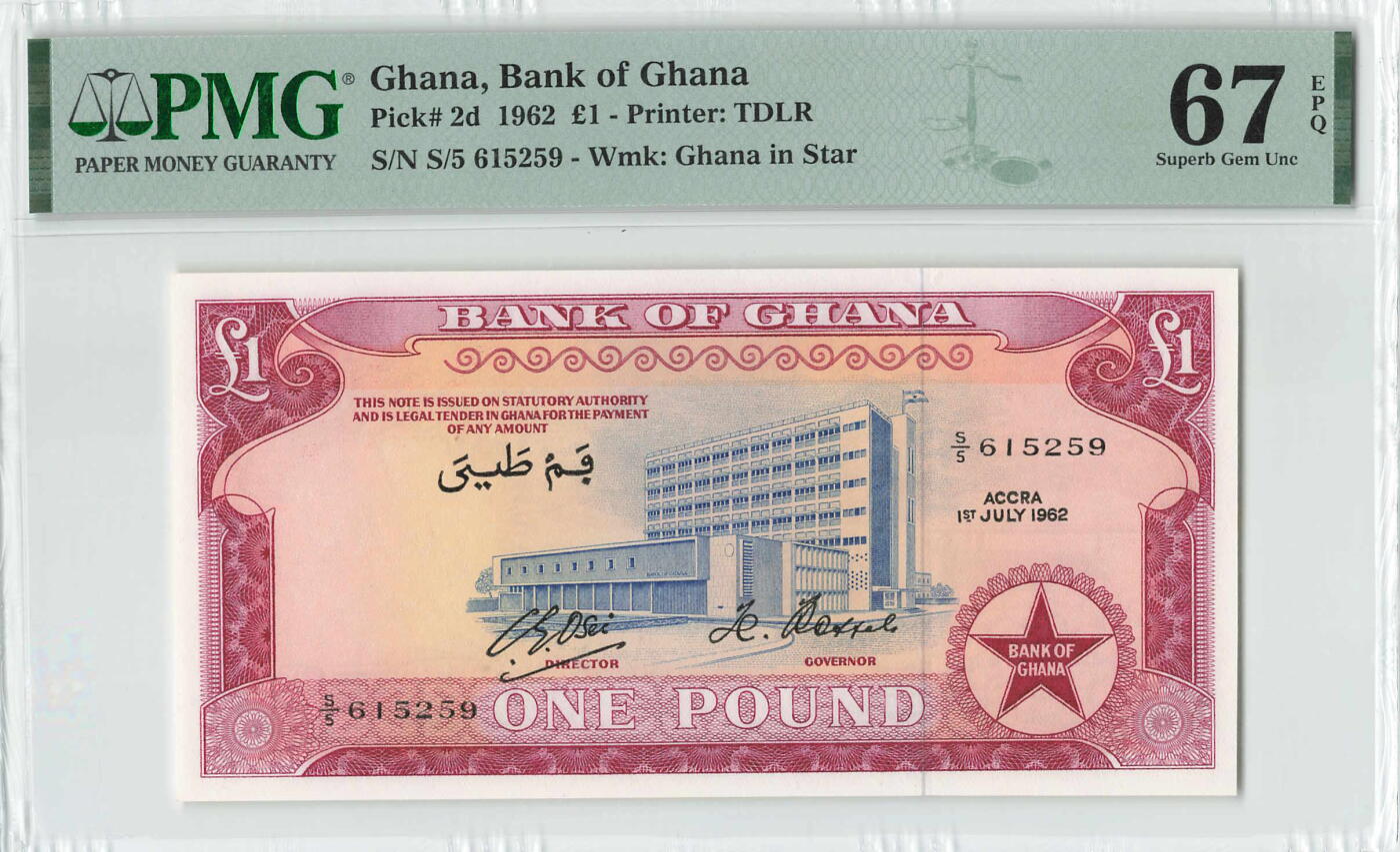 小福收藏拍卖第200期 【庆典场 中拍就有好礼相赠】评级币精选场 本期有捷克斯洛伐克20年100克朗慕夏作品大珍 69分倒置百位号布隆迪世界最大纸币  35年版加拿大经典 苏格兰格拉斯哥大学500年纪念钞倒置小号 卡塔尔80年100里亚尔冠军分 美国教育券 意大利拉斐尔 乌克兰 库克群岛 墨西哥 南斯拉夫 亚美尼亚等多国精美高分珍稀老钞精品纸币 加纳 1962年 1镑 该国第一套纸币第二枚 少见 无47 PMG67 EPQ 亚军分（冠军分仅1枚）