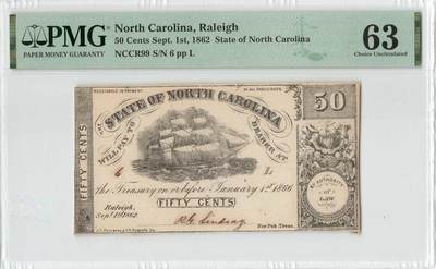 小福收藏拍卖第198期 评级币精选场  本期有菲律宾百位靓号100000比索超大纪念钞 苏里南25000盾花鸟版最高值 柬埔寨珍品56年50瑞尔 南越未发行版最高值打飞机  巴哈马彩背 老挝中国代印57年样钞 匈牙利 斯洛伐克 法罗群岛等多国精美高分珍稀老钞精品纸币 - 美国 北卡罗莱纳 1862年 50分 PMG63 亚军分