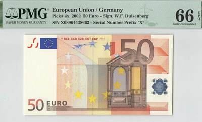 小福收藏拍卖第198期 评级币精选场  本期有菲律宾百位靓号100000比索超大纪念钞 苏里南25000盾花鸟版最高值 柬埔寨珍品56年50瑞尔 南越未发行版最高值打飞机  巴哈马彩背 老挝中国代印57年样钞 匈牙利 斯洛伐克 法罗群岛等多国精美高分珍稀老钞精品纸币 - 德国 2002年 50欧元 少见一签 PMG66 EPQ 季军分