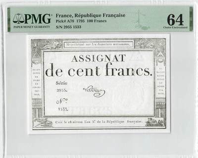 小福收藏拍卖第200期 【庆典场 中拍就有好礼相赠】评级币精选场 本期有捷克斯洛伐克20年100克朗慕夏作品大珍 69分倒置百位号布隆迪世界最大纸币  35年版加拿大经典 苏格兰格拉斯哥大学500年纪念钞倒置小号 卡塔尔80年100里亚尔冠军分 美国教育券 意大利拉斐尔 乌克兰 库克群岛 墨西哥 南斯拉夫 亚美尼亚等多国精美高分珍稀老钞精品纸币 - 法国 1795年 100法郎 230年老钞 纸张非常薄脆 罕见 难评 无47 双尾 PMG64 季军分