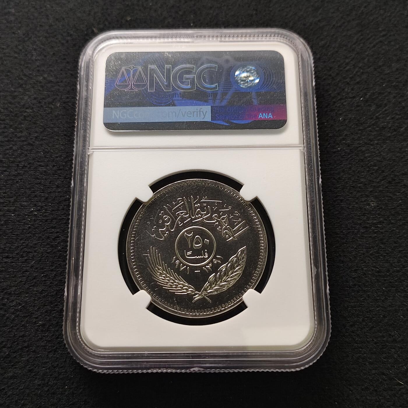 【全场包邮】纯粹捡漏拍491场（免费代拍第28场） 伊拉克1971年250菲尔库尔德和平周年纪念币-NGC MS65